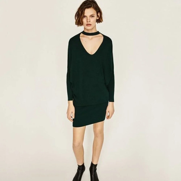 Zara Green Vneck  Choker Knit Sweater Dress - Picture 1 of 15